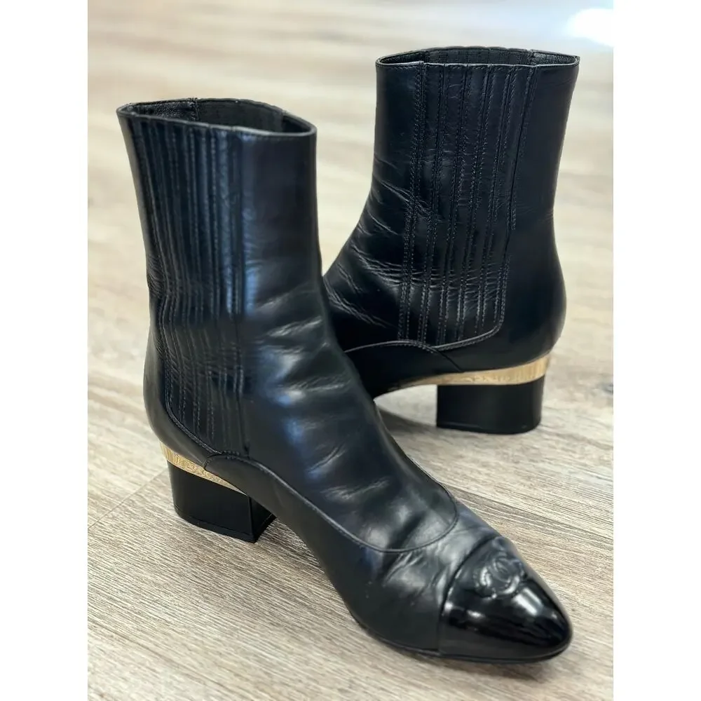 CHANEL Black Lambskin Leather Elastic Cap Toe Short Ankle Boots Sz. 37C US 7